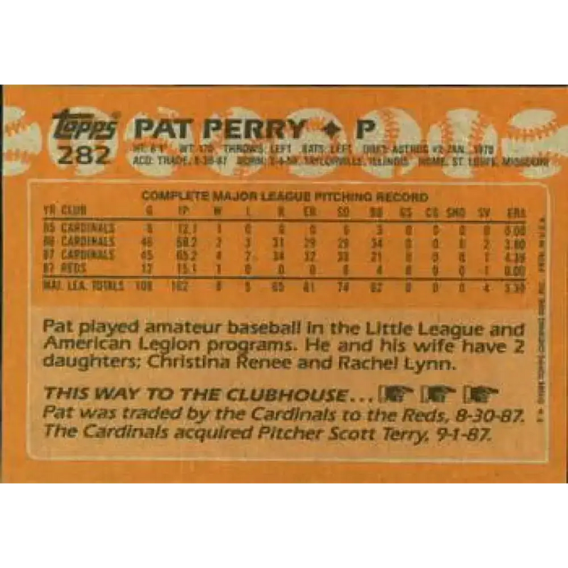 1988 Topps #282 Pat Perry NM-MT Cincinnati Reds Baseball Card - Baseball Card Single