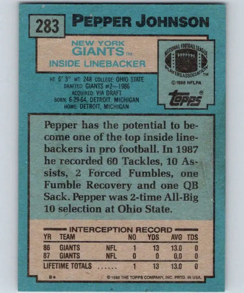 1988 Topps #283 Pepper Johnson EX Excellent New York Giants Football Card - Football Card Single