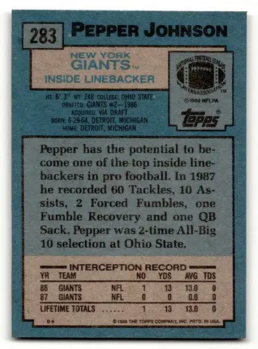 1988 Topps #283 Pepper Johnson New York Giants Football Cards EX/NM ID:62642 - Football Card Single