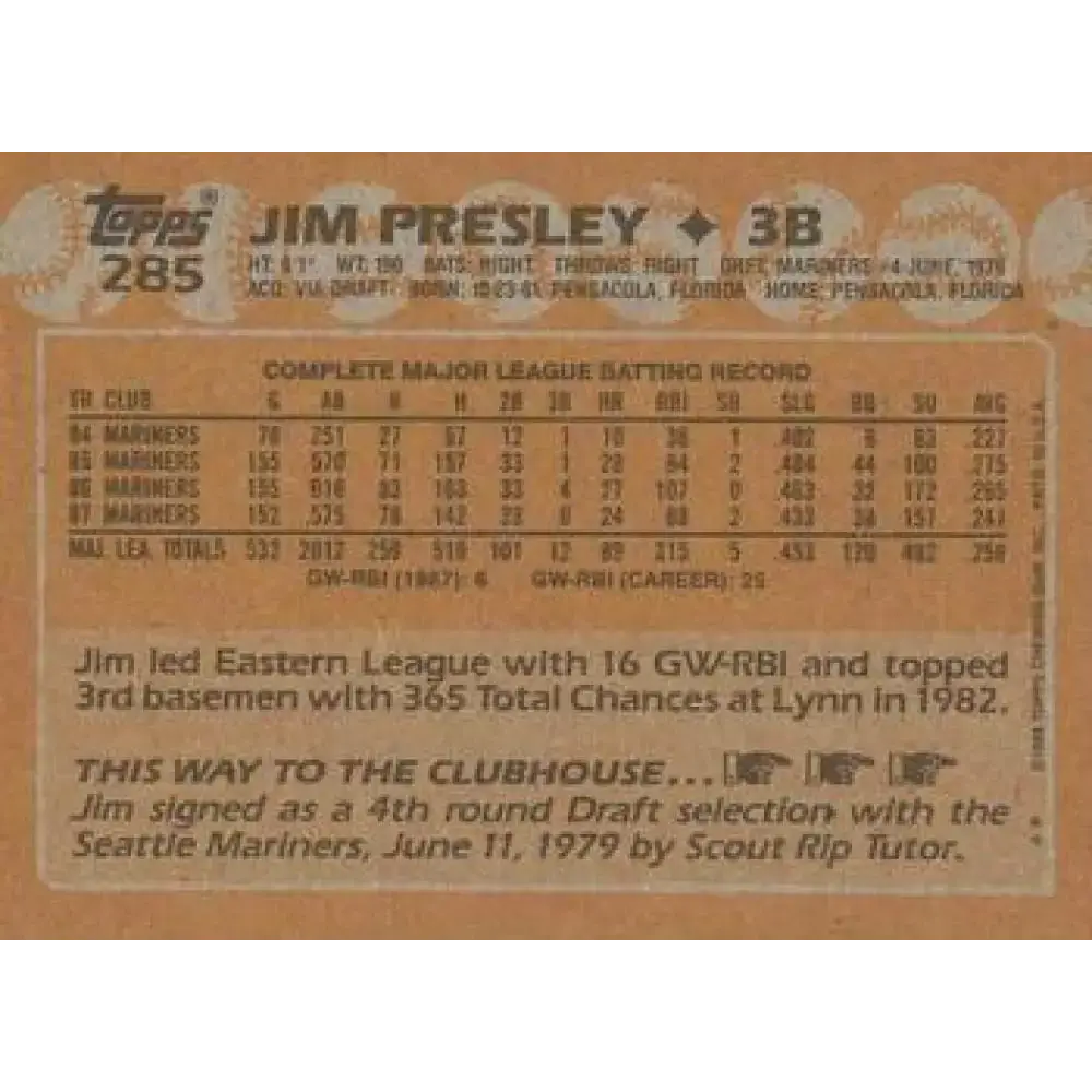 1988 Topps #285 Jim Presley NM-MT Seattle Mariners Baseball Card - Baseball Card Single