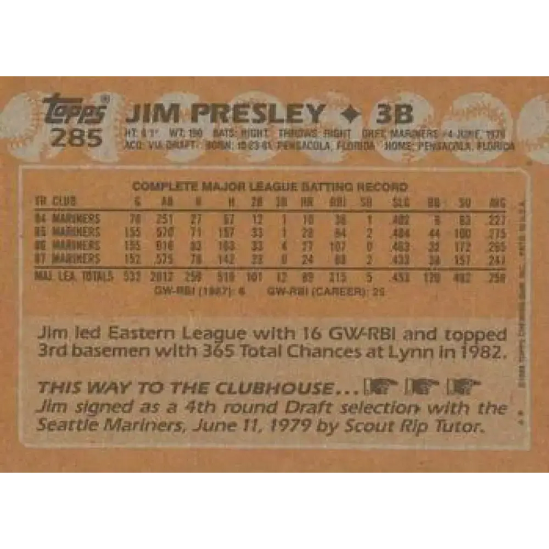 1988 Topps #285 Jim Presley NM-MT Seattle Mariners Baseball Card - Baseball Card Single