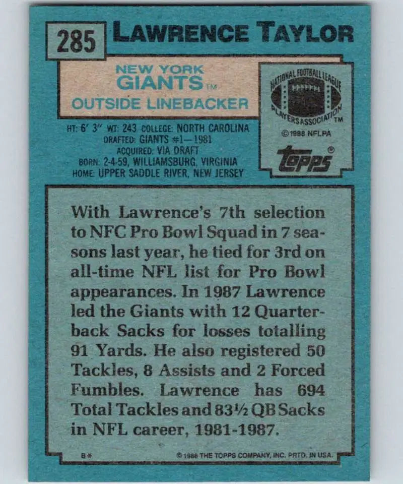 1988 Topps #285 Lawrence Taylor EX Excellent New York Giants Football Card