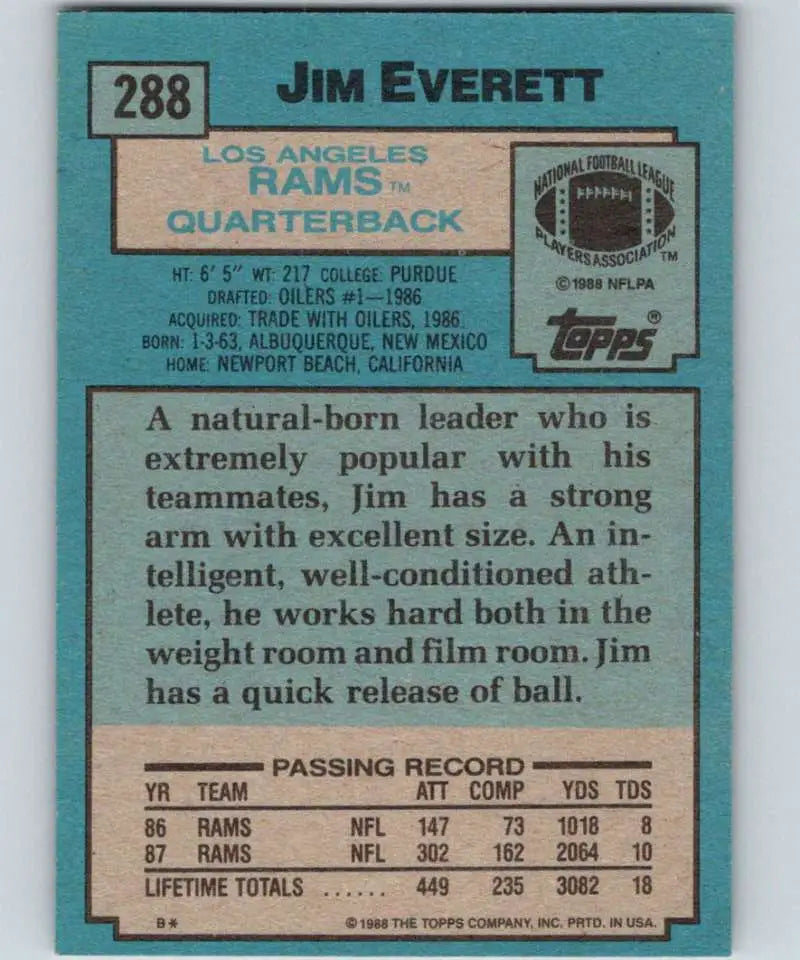 1988 Topps #288 Jim Everett EX Excellent Los Angeles Rams Football Card - Football Card Single