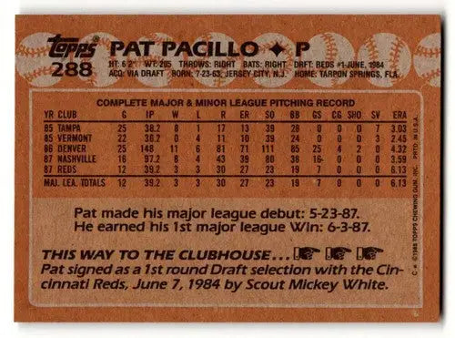 1988 Topps #288 Pat Pacillo Cincinnati Reds Baseball Cards EX/NM ID:53527 - Baseball Card Single