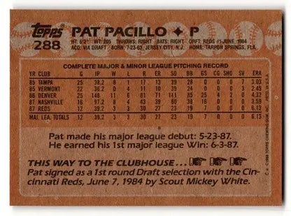 Baseball card back with original gloss from 1988 Topps Pat Pacillo Cincinnati Reds