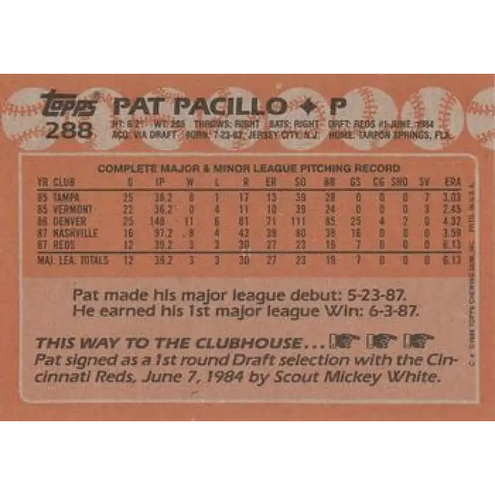 1988 Topps #288 Pat Pacillo NM-MT Cincinnati Reds Baseball Card - Baseball Card Single