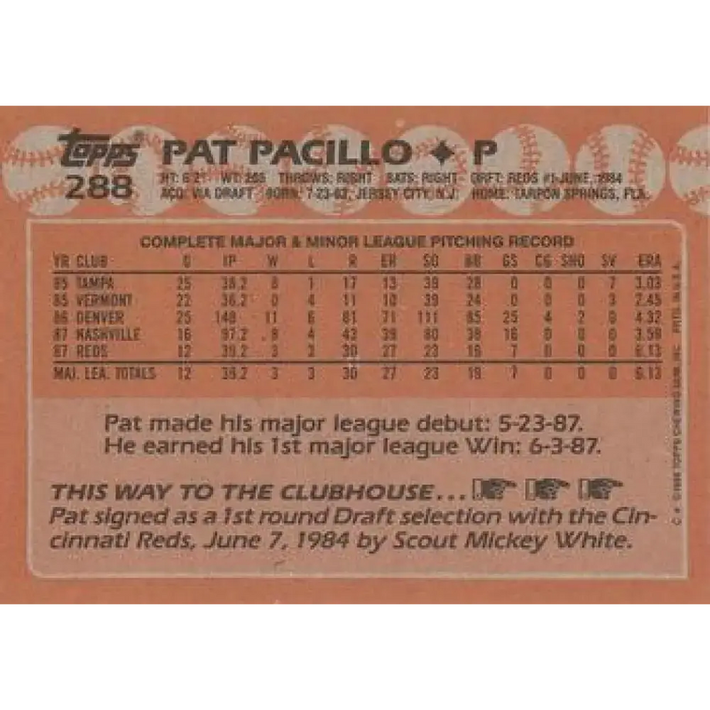 1988 Topps #288 Pat Pacillo NM-MT Cincinnati Reds Baseball Card - Baseball Card Single