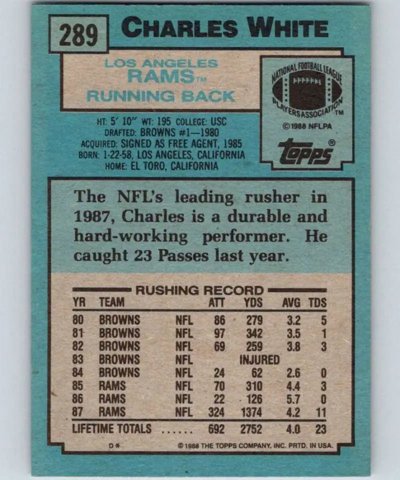 1988 Topps #289 Charles White EX Excellent Los Angeles Rams Football Card - Football Card Single