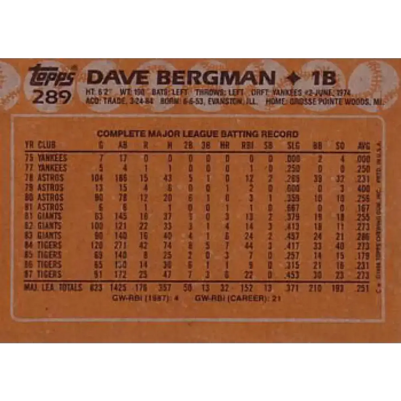 1988 Topps #289 Dave Bergman NM-MT Detroit Tigers Baseball Card - Baseball Card Single