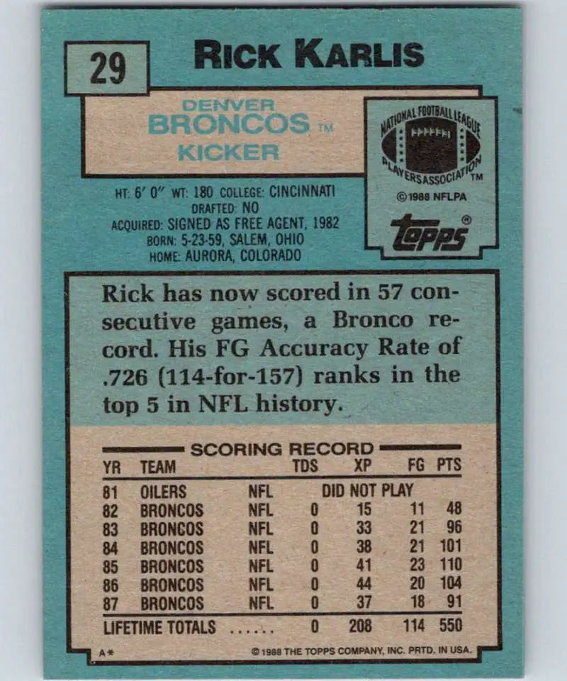 1988 Topps #29 Rich Karlis EX Excellent Denver Broncos Football Card - Football Card Single