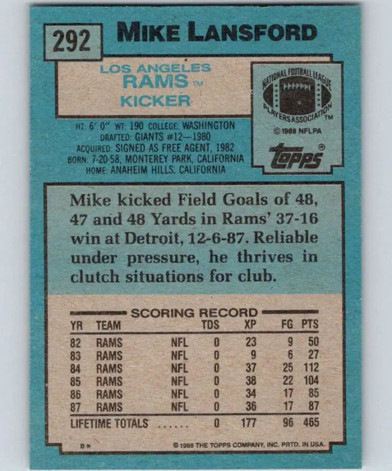 1988 Topps #292 Mike Lansford EX Excellent Los Angeles Rams Football Card - Football Card Single