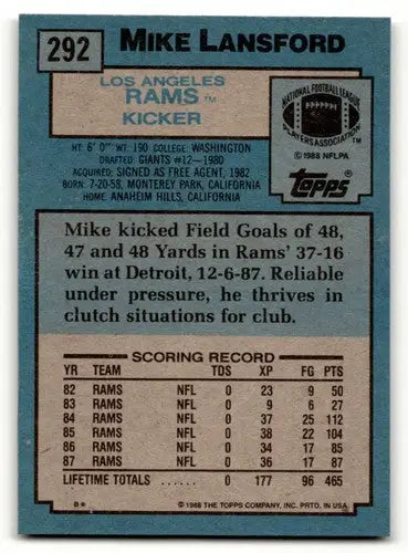 1988 Topps #292 Mike Lansford Los Angeles Rams Football Cards EX/NM ID:62650 - Football Card Single