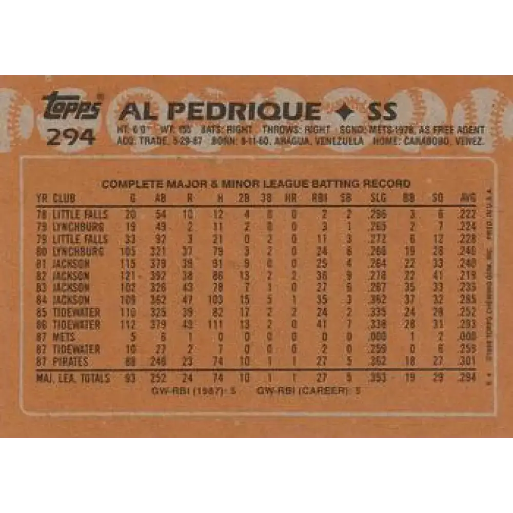 1988 Topps #294 Al Pedrique NM-MT Pittsburgh Pirates Baseball Card - Baseball Card Single