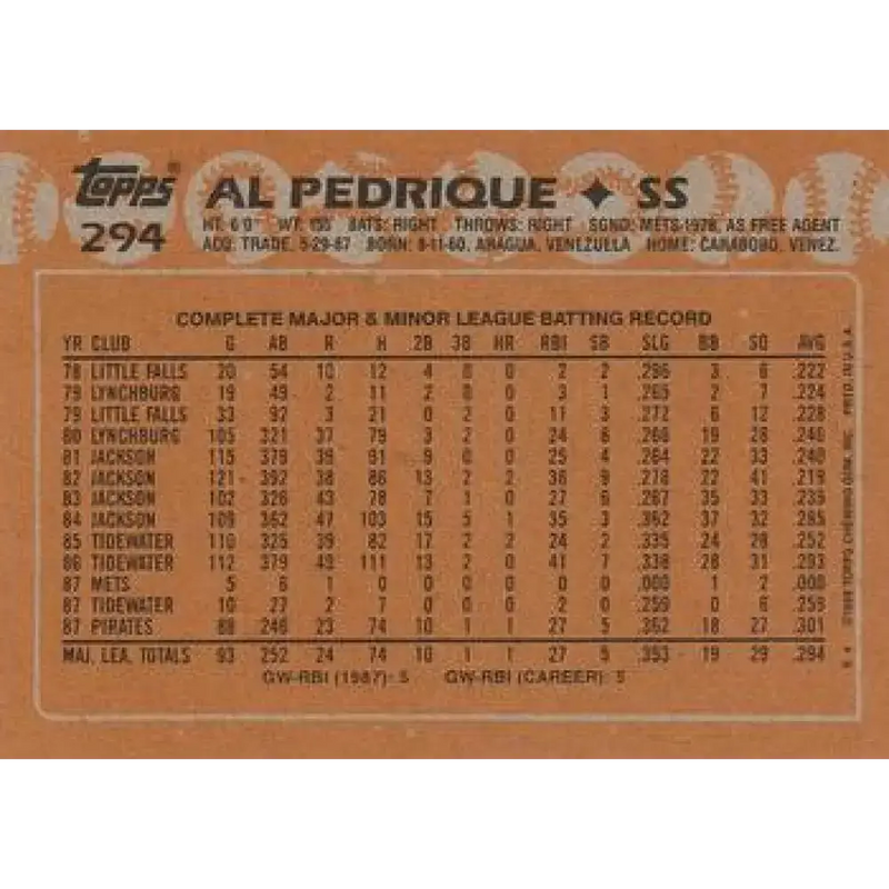 1988 Topps #294 Al Pedrique NM-MT Pittsburgh Pirates Baseball Card - Baseball Card Single