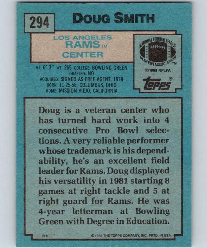 1988 Topps #294 Doug Smith EX Excellent Los Angeles Rams Football Card - Football Card Single