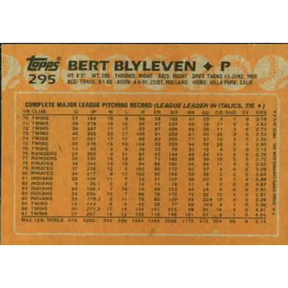 1988 Topps #295 Bert Blyleven NM-MT Minnesota Twins Baseball Card - Baseball Card Single