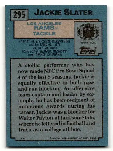 Original gloss on Jackie Slater Los Angeles Rams football card back in 1988 Topps #295