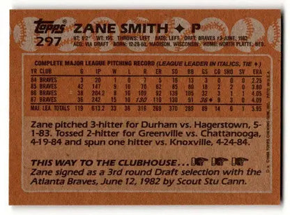 Original gloss Zane Smith Atlanta Braves baseball card from 1988 Topps #297