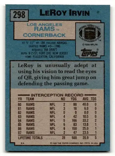 Original gloss Leroy Irvin Los Angeles Rams football card from 1988 Topps
