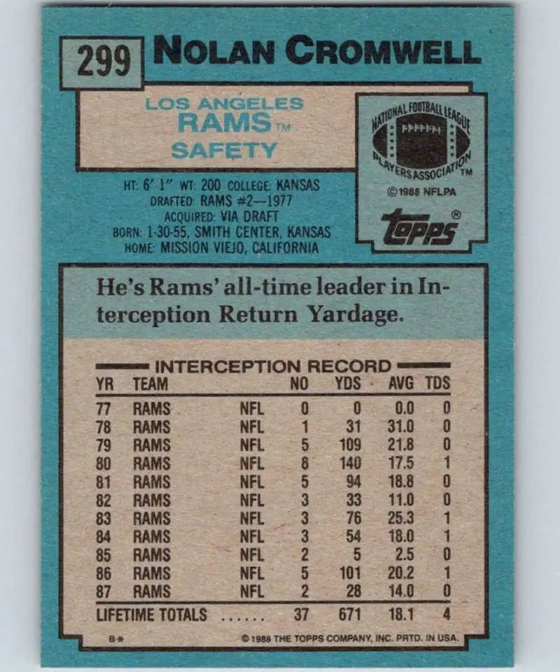 1988 Topps #299 Nolan Cromwell EX Excellent Los Angeles Rams Football Card - Football Card Single
