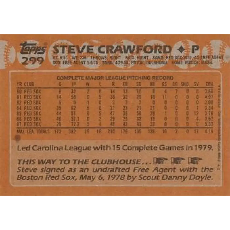 1988 Topps #299 Steve Crawford NM-MT Boston Red Sox Baseball Card - Baseball Card Single
