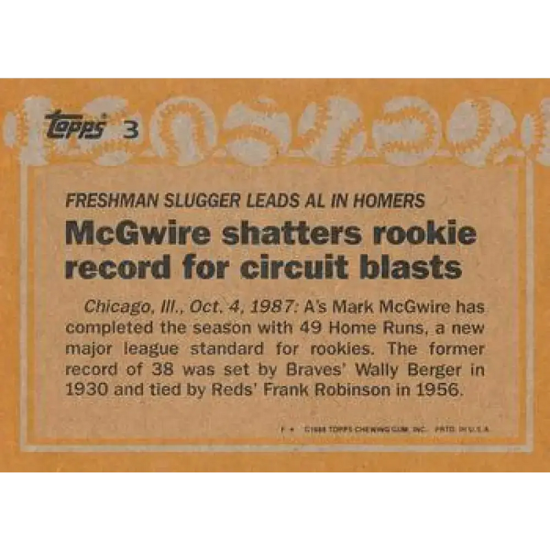 1988 Topps #3 Mark McGwire NM-MT Oakland Athletics Baseball Card - Baseball Card Single
