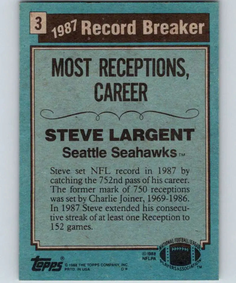 1988 Topps #3 Steve Largent EX Excellent Seattle Seahawks Football Card - Football Card Single