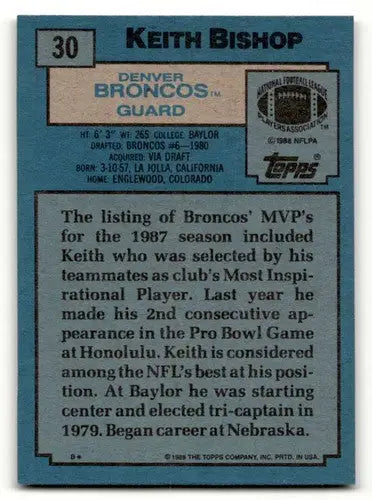 Original gloss Keith Bishop Denver Broncos football card from 1988 Topps #30 game-used