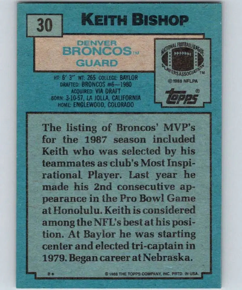 1988 Topps #30 Keith Bishop EX Excellent Denver Broncos Football Card - Football Card Single