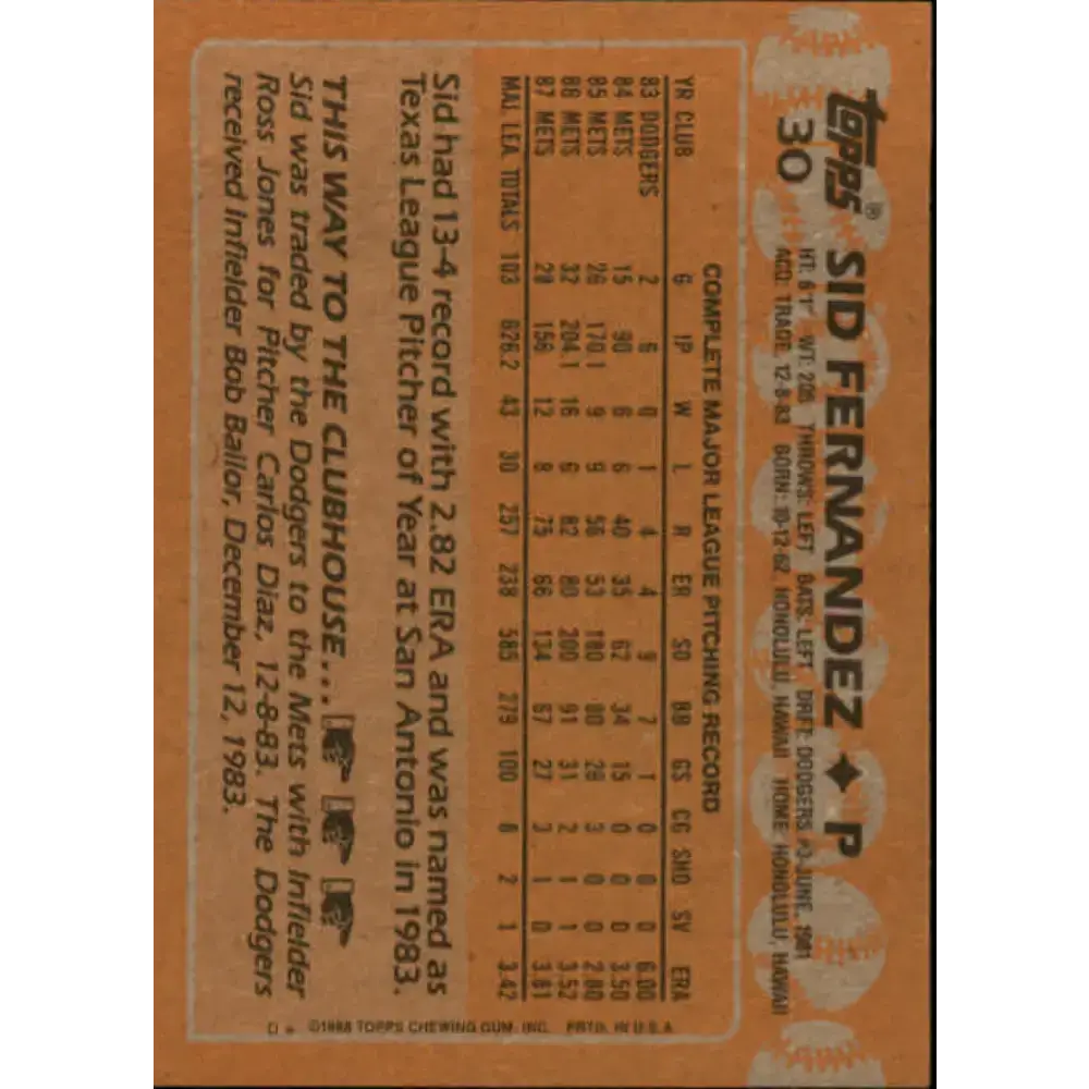 1988 Topps #30 Sid Fernandez NM-MT New York Mets Baseball Card - Baseball Card Single