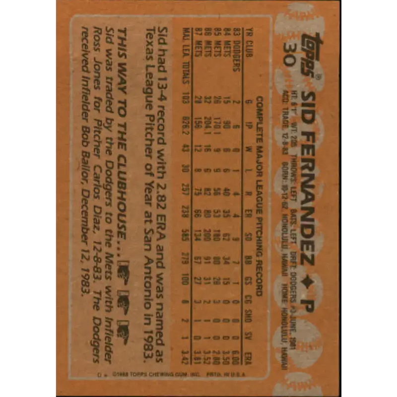 1988 Topps #30 Sid Fernandez NM-MT New York Mets Baseball Card - Baseball Card Single