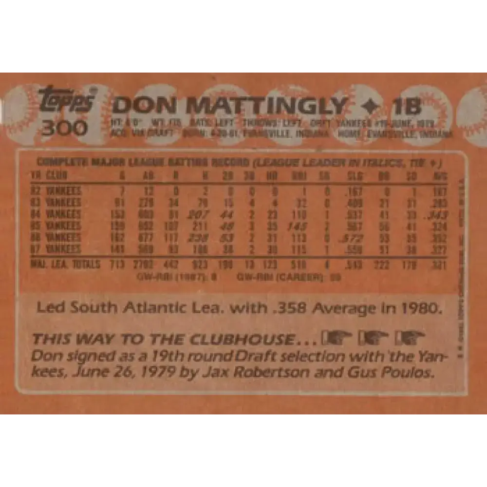 1988 Topps #300 Don Mattingly NM-MT New York Yankees Baseball Card - Baseball Card Single
