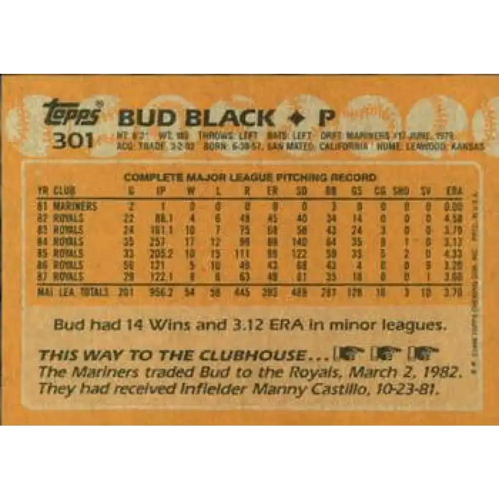 1988 Topps #301 Bud Black NM-MT Kansas City Royals Baseball Card