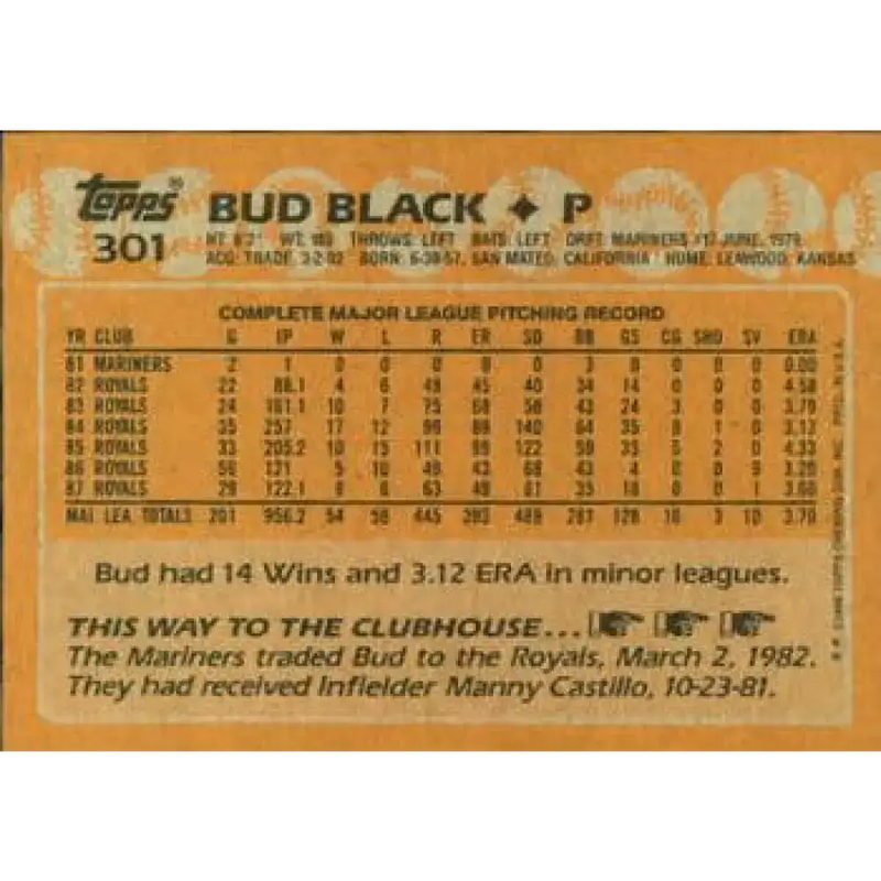 1988 Topps #301 Bud Black NM-MT Kansas City Royals Baseball Card