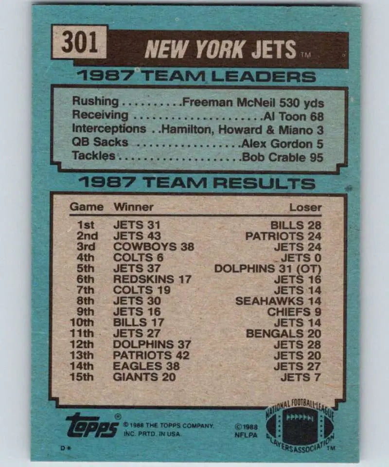 1988 Topps #301 Ken O’Brien EX Excellent New York Jets Football Card - Football Card Single