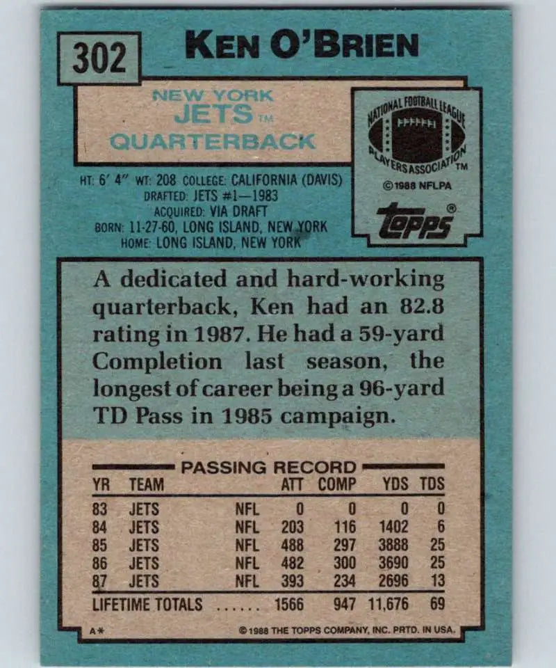 1988 Topps #302 Ken O’Brien EX Excellent New York Jets Football Card - Football Card Single