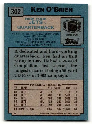 Original gloss Ken O’Brien Jets football card from 1988 Topps York Jets football collection