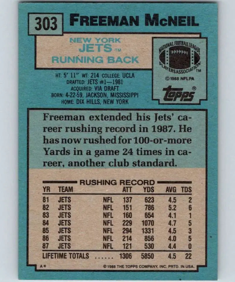1988 Topps #303 Freeman McNeil EX Excellent New York Jets Football Card - Football Card Single