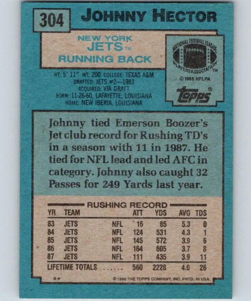 1988 Topps #304 Johnny Hector EX Excellent New York Jets Football Card - Football Card Single