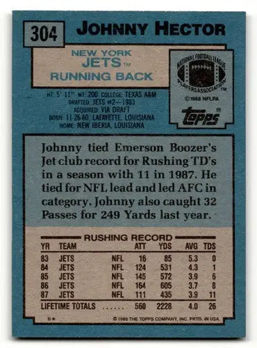 Original gloss Johnny Hector football card featuring New York Jets from 1988 Topps
