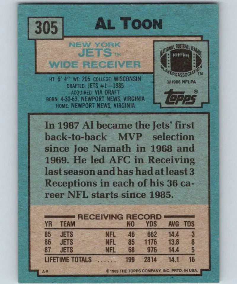 1988 Topps #305 Al Toon EX Excellent New York Jets Football Card - Football Card Single