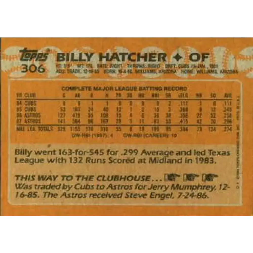 1988 Topps #306 Billy Hatcher NM-MT Houston Astros Baseball Card - Baseball Card Single