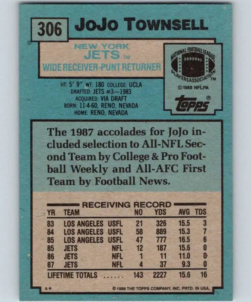 1988 Topps #306 Jo Jo Townsell EX Excellent RC Rookie New York Jets Football Card - Football Card Single