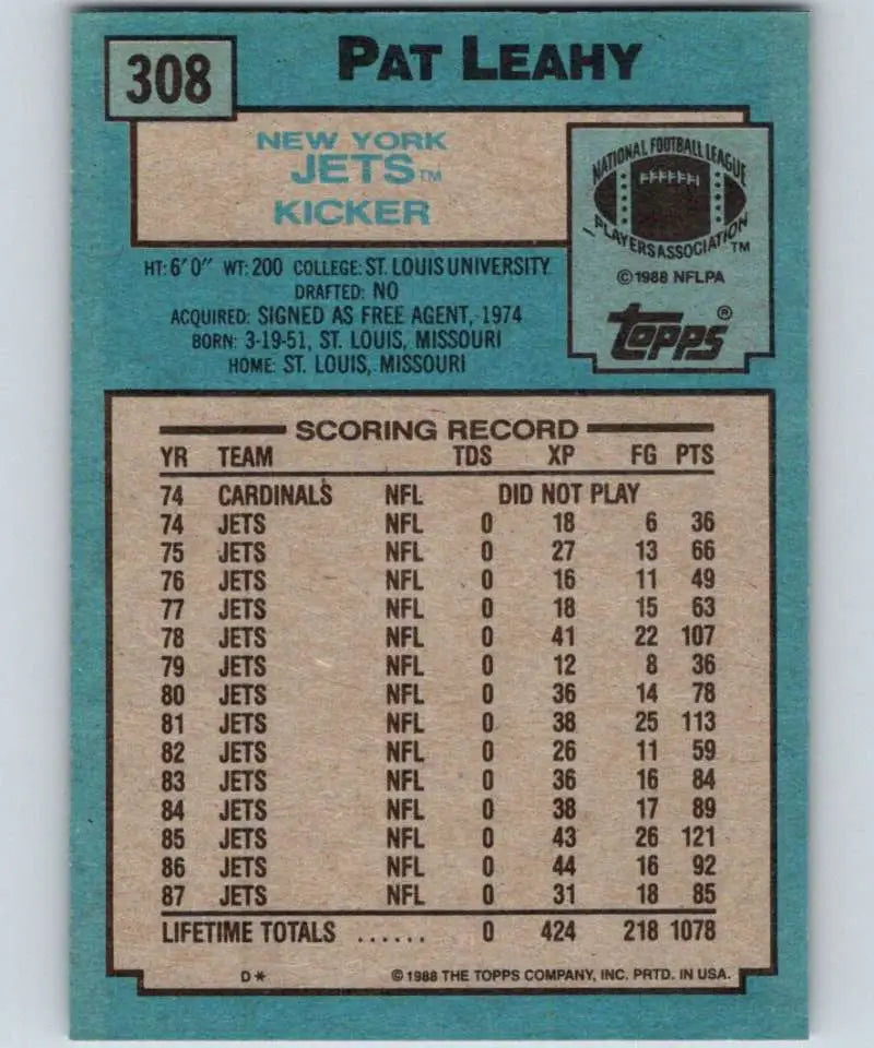 1988 Topps #308 Pat Leahy EX Excellent New York Jets Football Card - Football Card Single