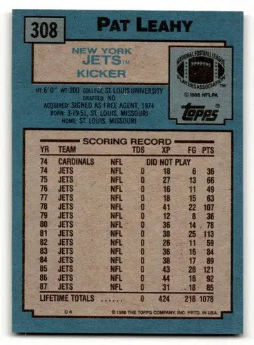 Original gloss Pat Leahy Jets football card from 1988 Topps #308 product