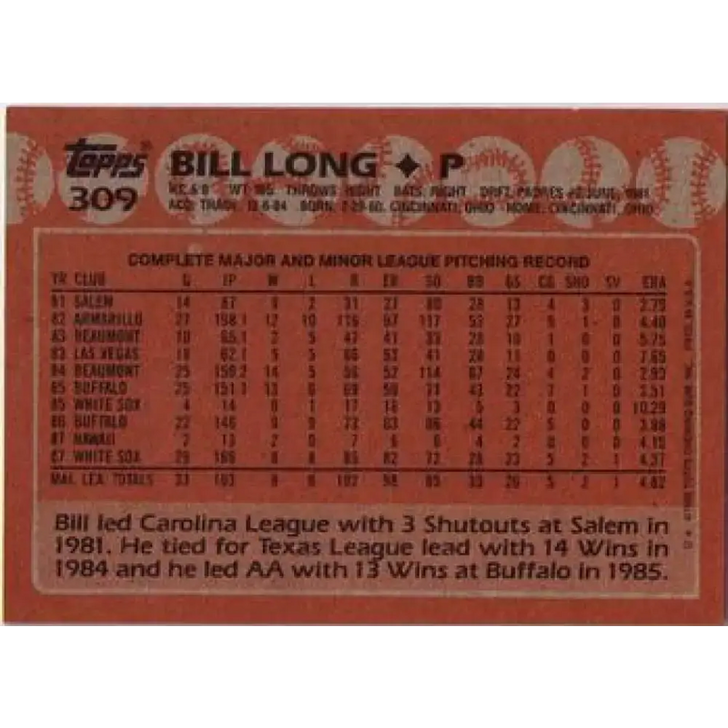 1988 Topps #309 Bill Long NM-MT RC Rookie Chicago White Sox Baseball Card