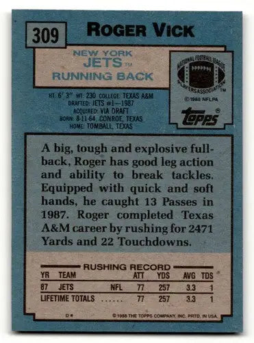 Original gloss 1988 Topps Roger Vick New York Jets football card Jets football cards