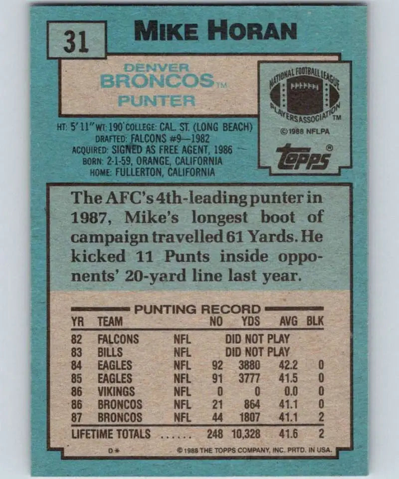 1988 Topps #31 Mike Horan EX Excellent Denver Broncos Football Card - Football Card Single