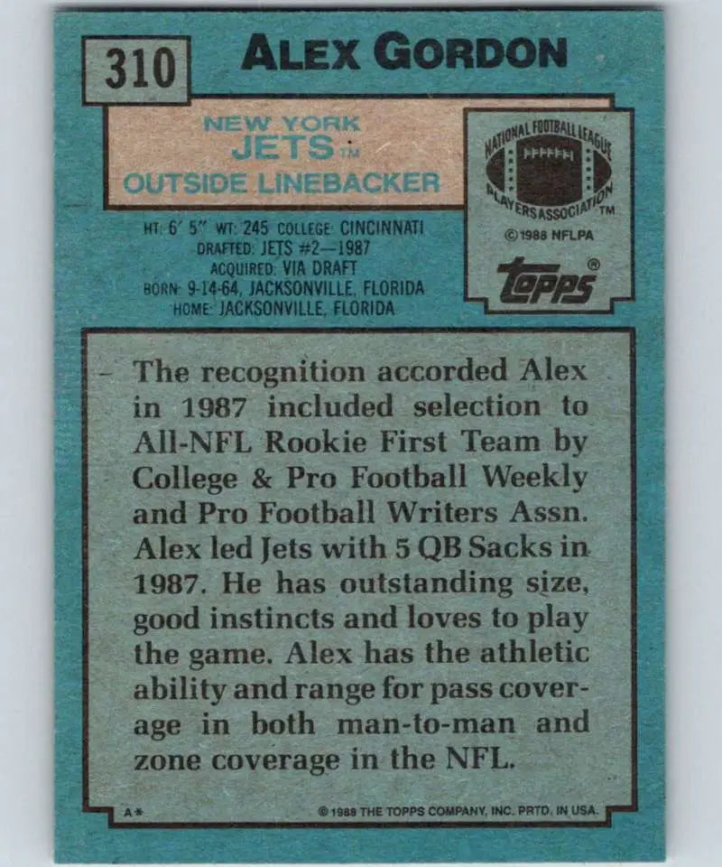1988 Topps #310 Alex Gordon EX Excellent RC Rookie New York Jets Football Card