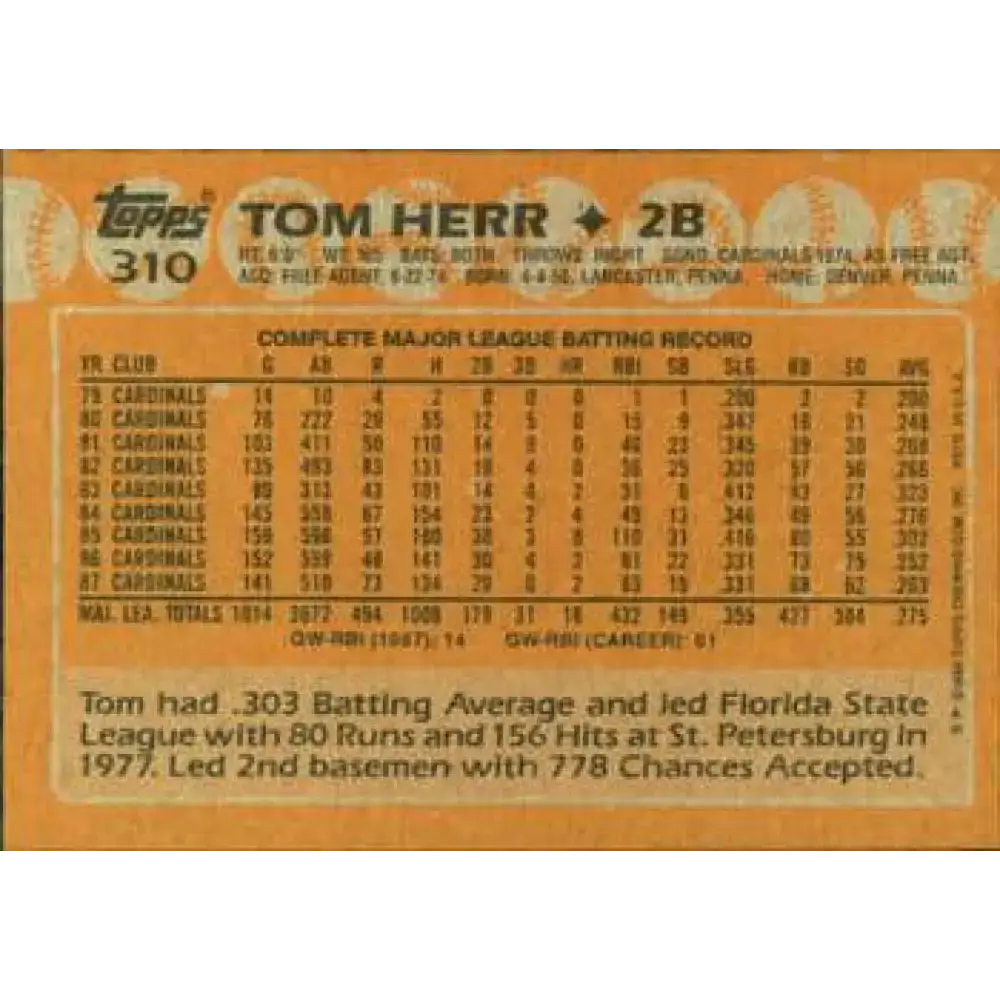 1988 Topps #310 Tom Herr NM-MT St. Louis Cardinals Baseball Card - Baseball Card Single